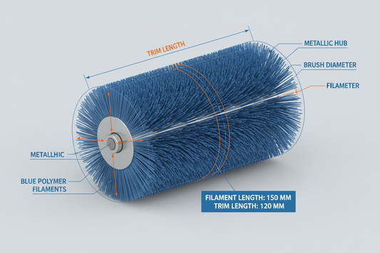 Blue polymer filament industrial roller brush technical drawing with metallic hub and dimension specifications