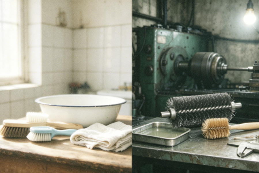 Split comparison of household cleaning brushes and industrial machine brushes