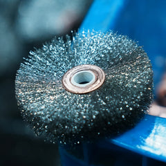 Stainless Steel Small Wheel Brush with Handle | Crimped Wire for Cleaning, Deburring and Surface Polishing